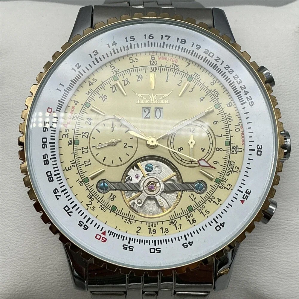 Jaragar Mens Watch 50mm Champagne Dial Automatic Skeleton Stainless Bracelet